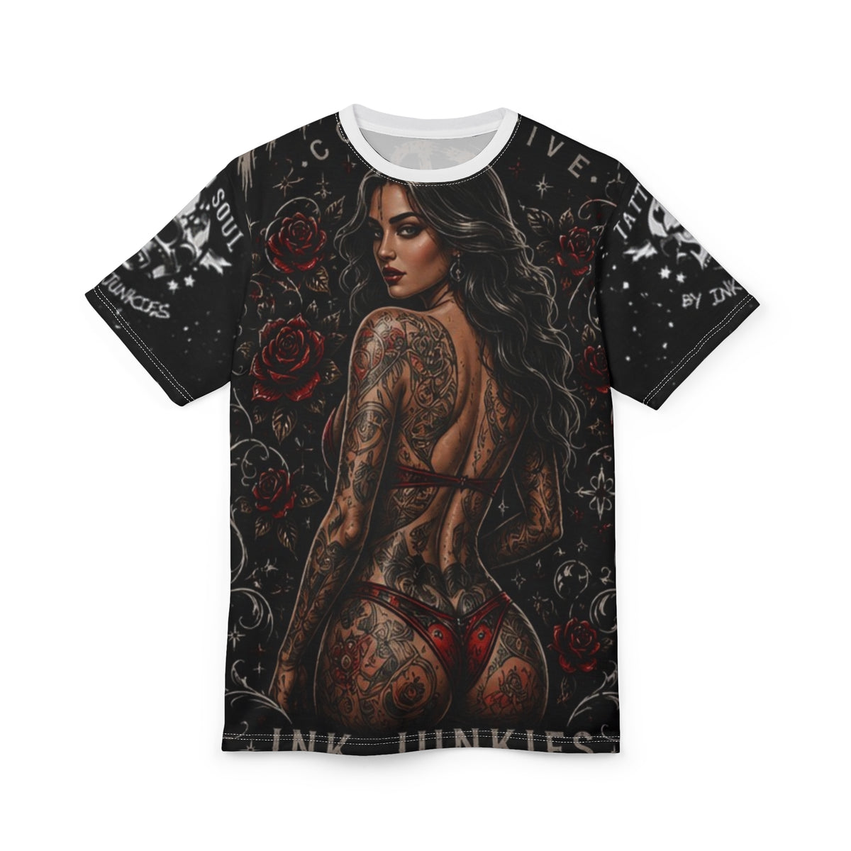 TATTED SOUL COLLECTIVE CUSTOM T-SHIRT PIN UP MODEL BIKINI ROSES AN INK JUNKIE CUSTOM DESIGN