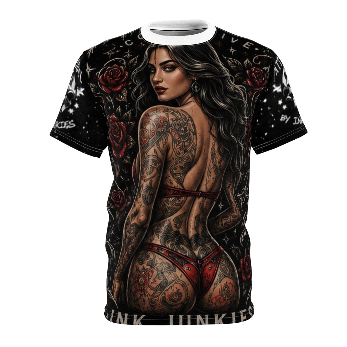 TATTED SOUL COLLECTIVE CUSTOM T-SHIRT PIN UP MODEL BIKINI ROSES AN INK JUNKIE CUSTOM DESIGN